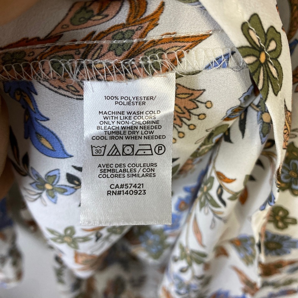 LOFT Womens XL Floral Paisley Pintuck Ruffle Neck Keyhole Back Blouse White Blue - Picture 12 of 12